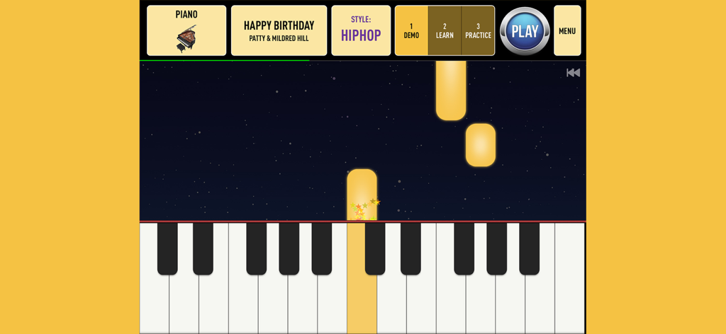 PLAYnJAM - Interfaz de la aplicación PLAYnJAM que muestra un teclado de piano virtual con notas que caen para un juego de aprendizaje musical