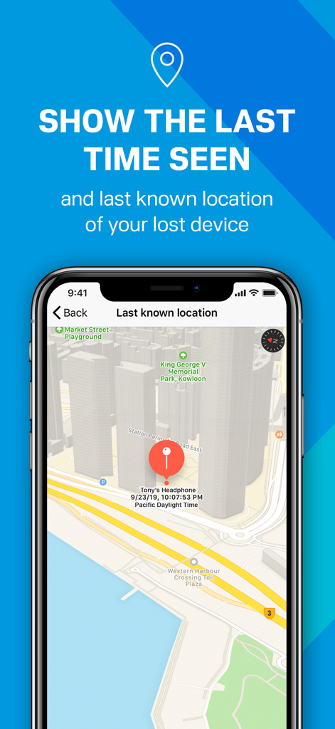 Find My Phone & Device - Una vista de mapa dentro de la aplicación que muestra la última ubicación conocida y la marca de tiempo de un dispositivo Bluetooth perdido