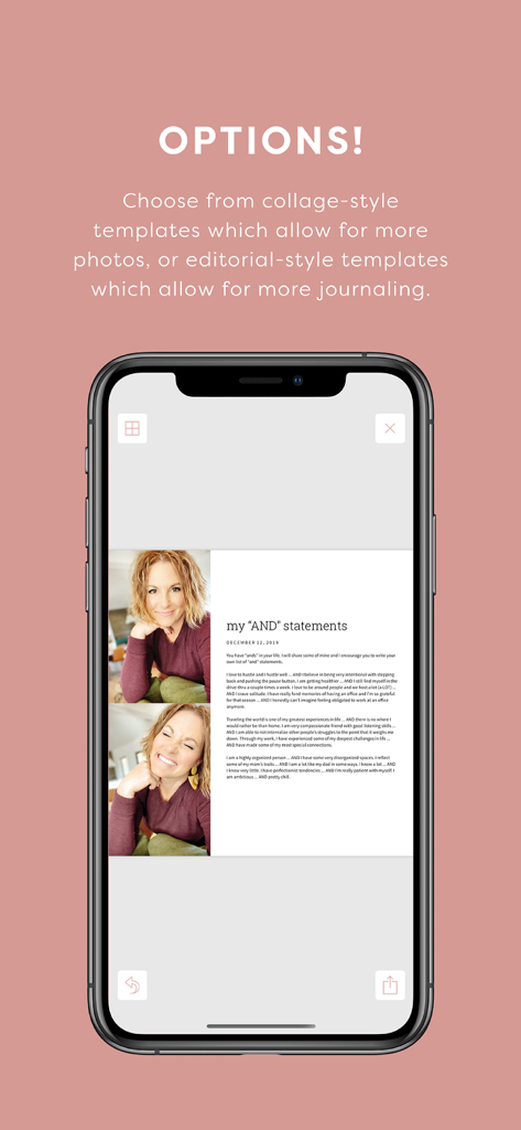 Project Life - Interfaccia dell'app Project Life che visualizza un modello in stile editoriale con foto e testo journalizzato