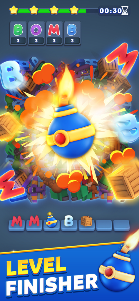 Match Hotel - 3D Puzzle Game - A bomb power up exploding on the level finisher screen in the Match Hotel 3D puzzle game