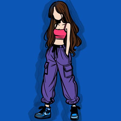 girl in baggy pants crop top and long hair