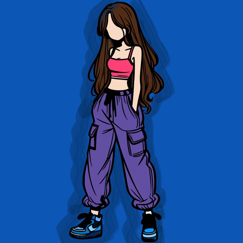 girl in baggy pants crop top and long hair