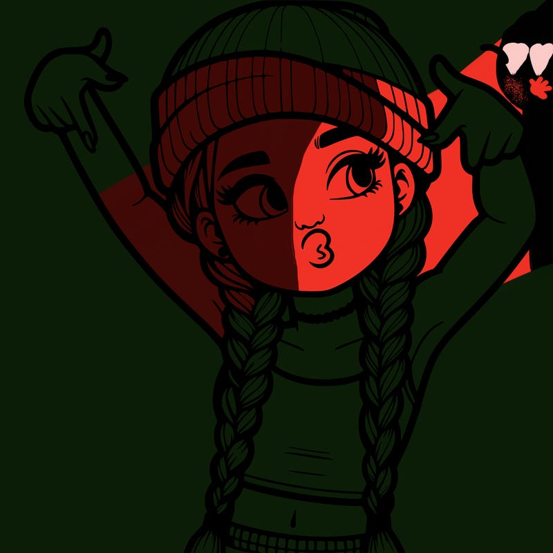 realistic teenage girl with braids and a beanie and crop top doing 🫶🏼