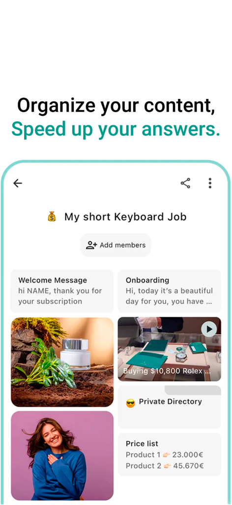 KeyMagic - Custom Keyboards - Panel móvil de la aplicación KeyMagic que muestra mensajes de ventas organizados y medios de producto para acceso rápido desde el teclado