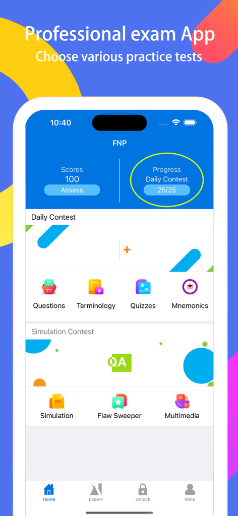 FNP Nurse Practitioner Expert - Home screen of the FNP Nurse Practitioner Expert app showing study modules and daily contest progress
