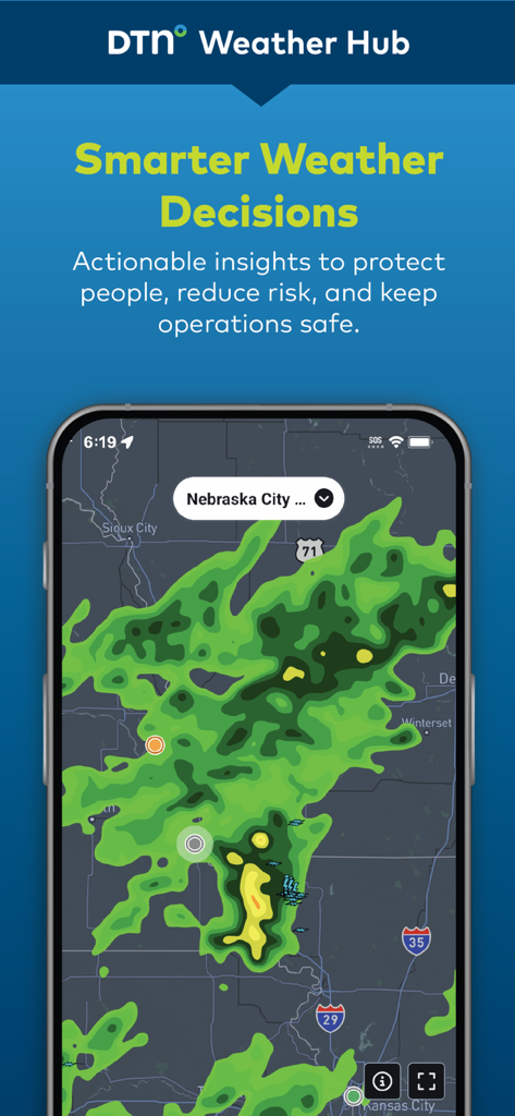 DTN Weather Hub - DTN Weather Hub app displaying a high precision weather radar map for Nebraska City