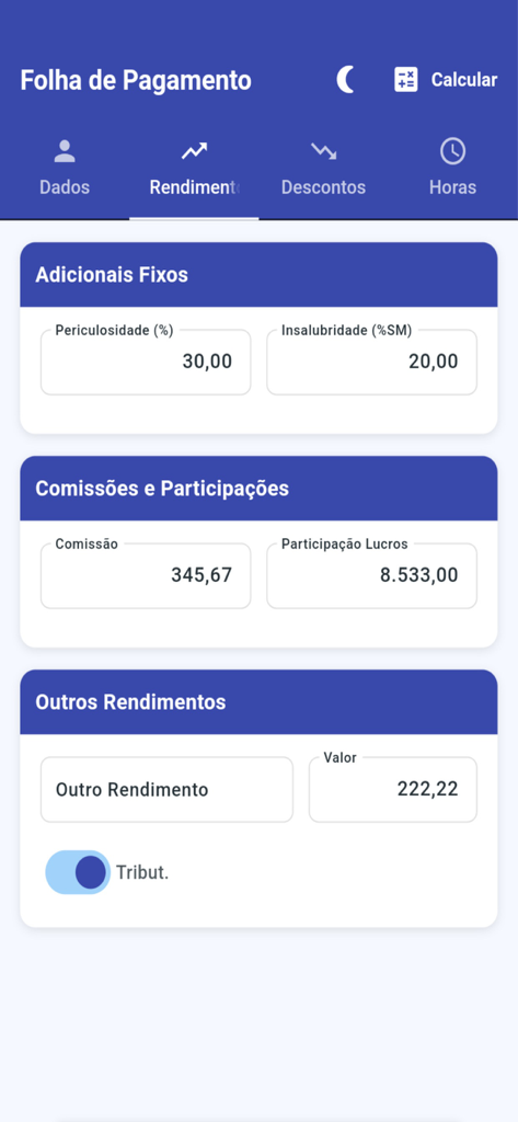Folha de Pagamento - Tela de entrada de ganhos do aplicativo Folha de Pagamento mostrando campos para comissões, participação nos lucros e adicionais fixos para cálculos trabalhistas brasileiros.