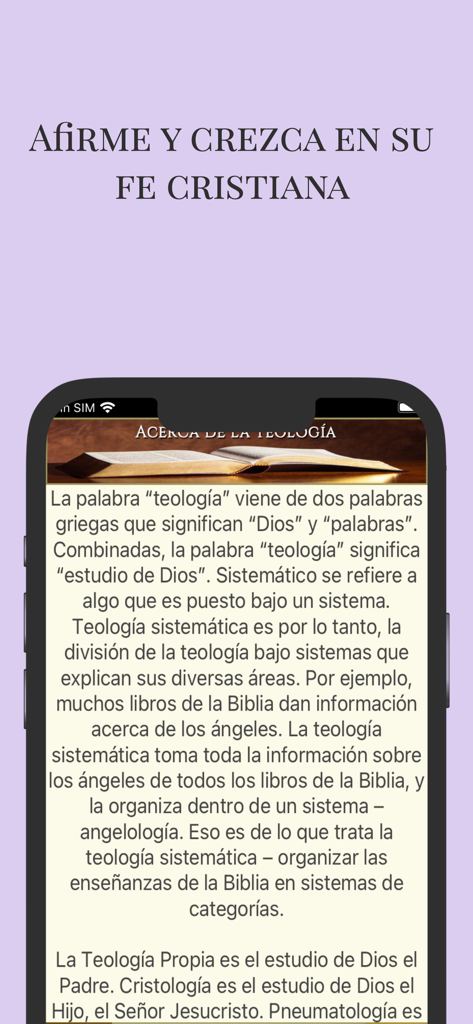Spanische Bibel-App-Oberfläche, die eine Lektion über systematische Theologie und geistliches Wachstum zeigt.
