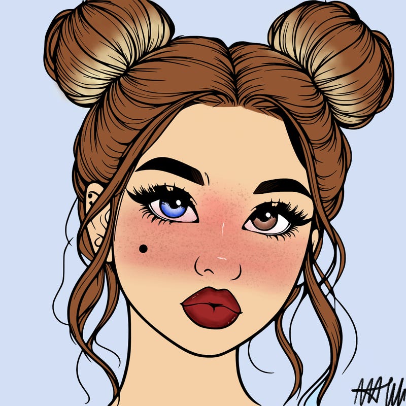 realistic girl with two buns on her hair and lips