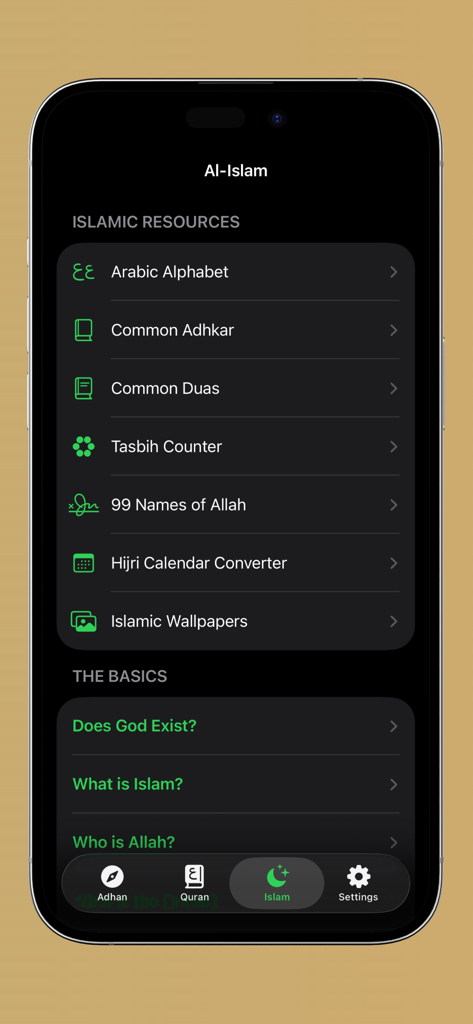 Al-Islam App-Oberfläche, die islamische Ressourcen wie das arabische Alphabet, einen Tasbih-Zähler und einen Hijri-Kalenderkonverter anzeigt
