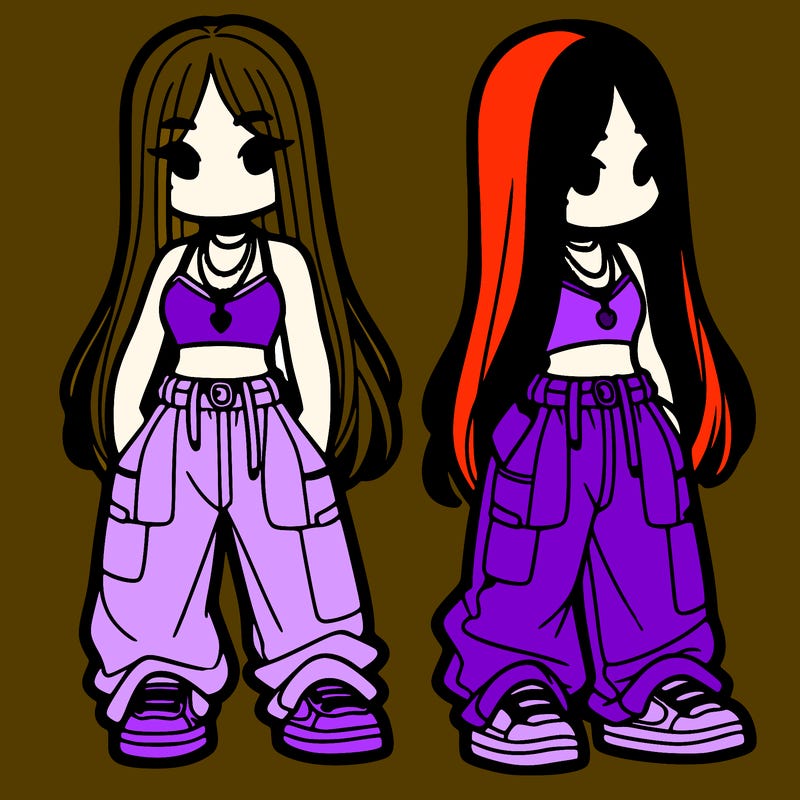 girl in baggy pants crop top and long hair