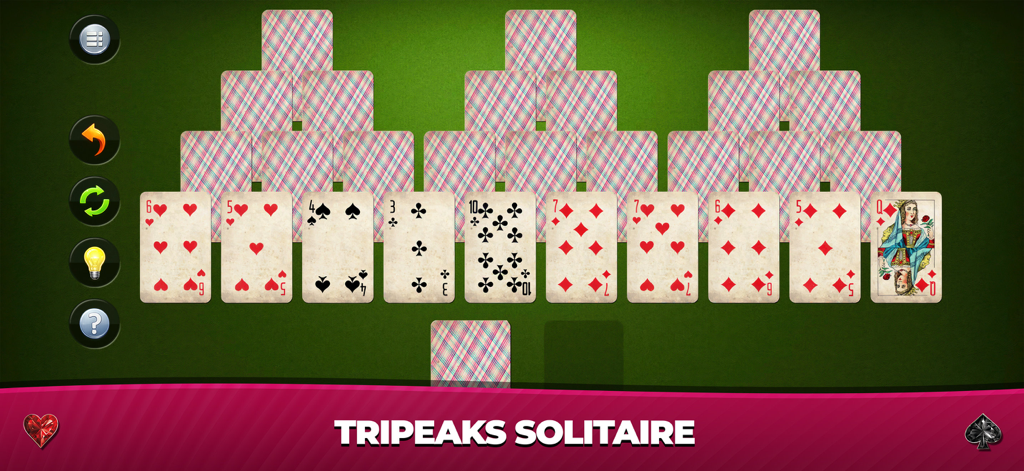 Grand Solitaire Collection - Diseño de juego de cartas clásico de TriPeaks Solitaire con tres picos de cartas sobre un fondo verde