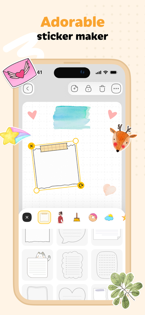 Adorable sticker maker interface in a digital journal app showing cute templates and stickers