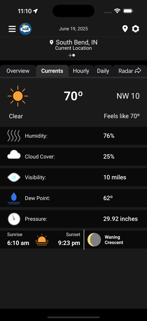Matt Rudkin Weather - Matt Rudkin Weather app interface showing current temperature and humidity data for South Bend Indiana