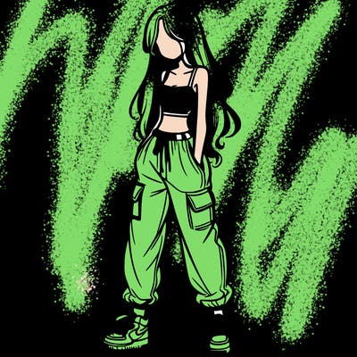 girl in baggy pants crop top and long hair