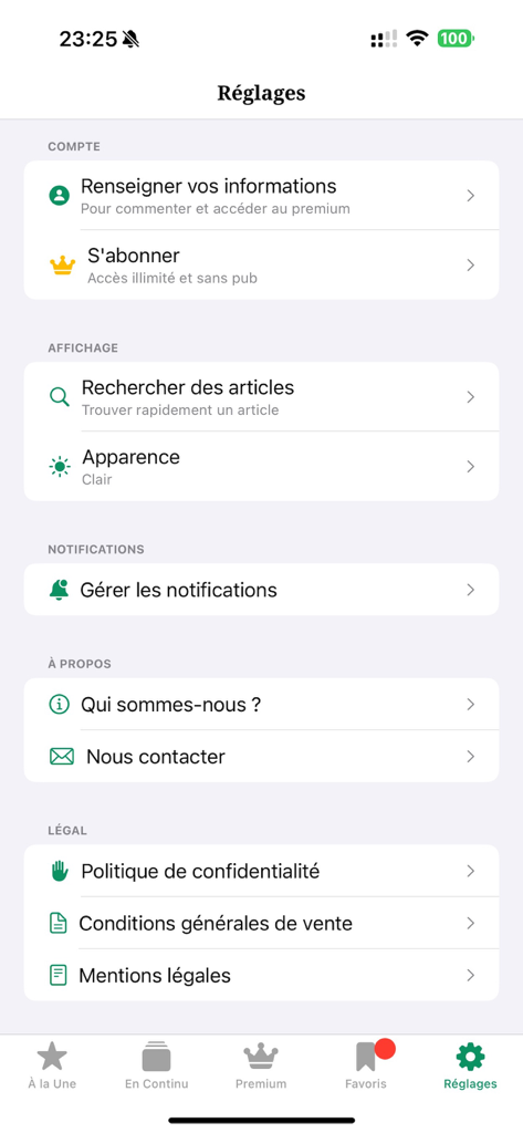 SeneNews – Infos & Actualité - Menu delle impostazioni dell'applicazione mobile SeneNews con opzioni per la gestione dell'account e le notifiche in francese.