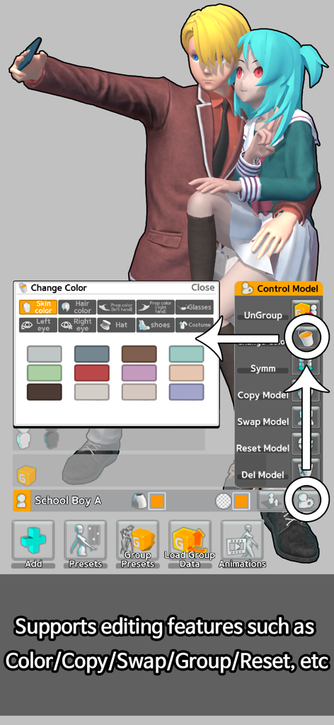 Easy Pose app interface showing color customization and editing tools for 3D anime style characters