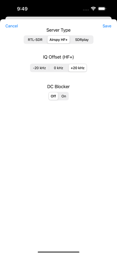 SDR Receiver app settings screen showing server type selection IQ offset and DC blocker controls