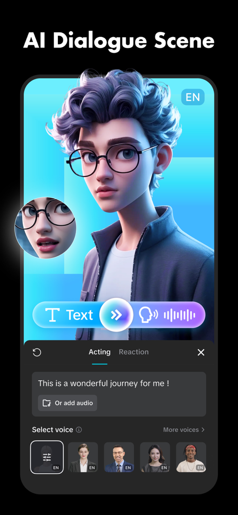CapCut mobile app interface showing the AI Dialogue Scene feature with a 3D animated character and text to speech editing tools