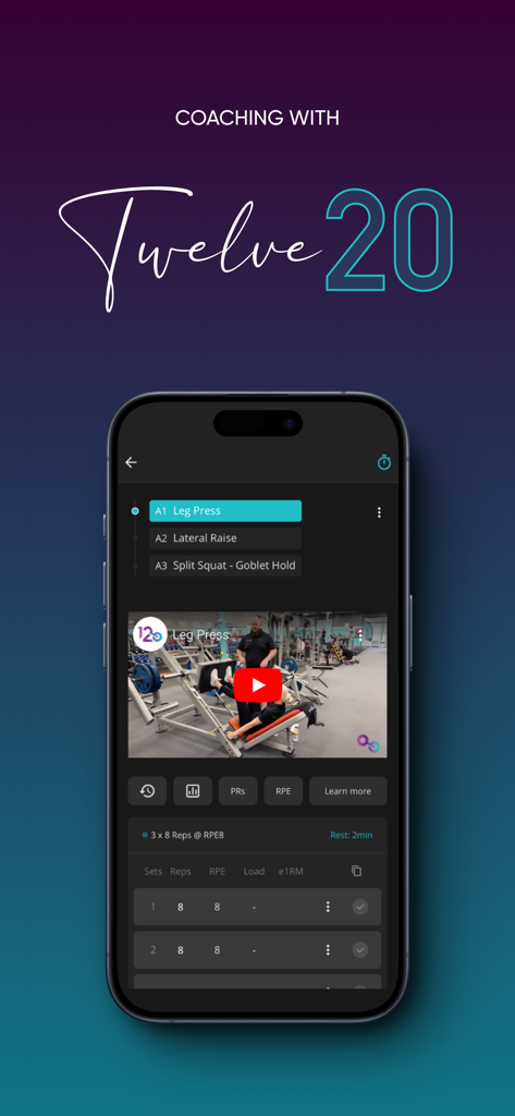 Twelve20 Coaching App - Twelve20 Coaching App workout interface showing a leg press video demonstration and training data log.