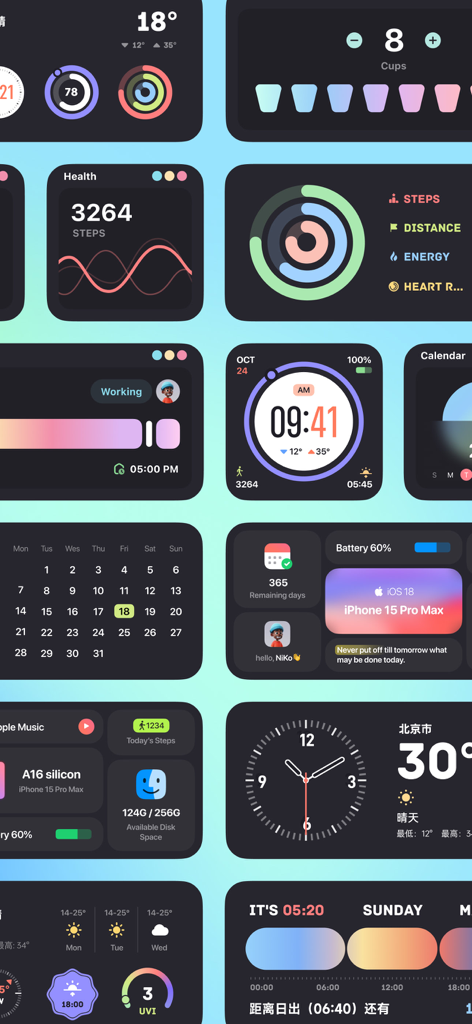 Koco Widgets - Island Custom - A collection of various dark-themed aesthetic iOS widgets including health trackers, calendars, and clocks.