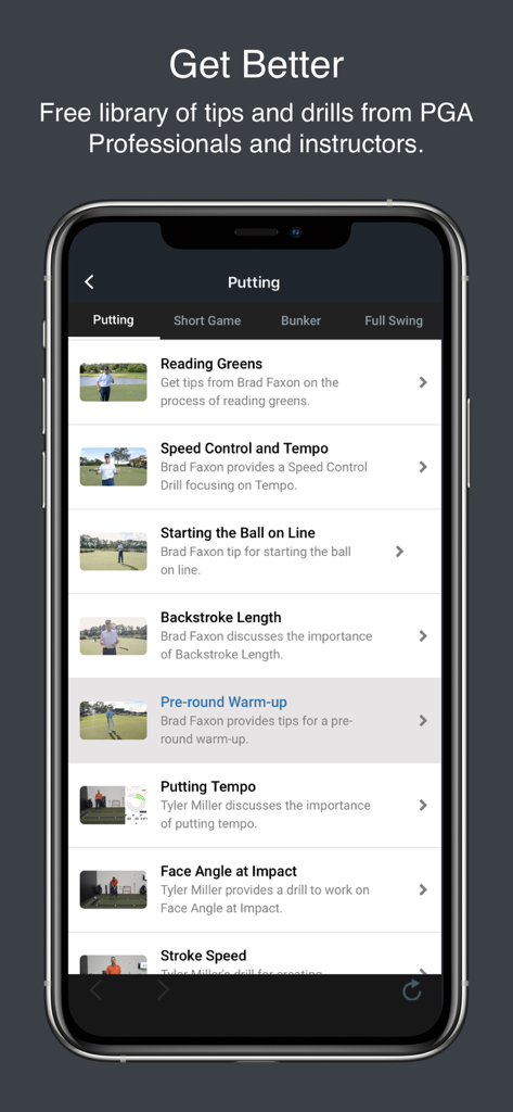 Pantalla de la aplicación Blast Golf que muestra una biblioteca de consejos y ejercicios de putt de profesionales del PGA como Brad Faxon.