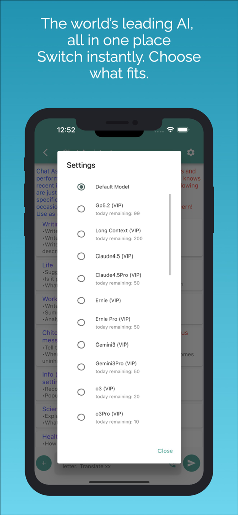 Chat Journey - Pocket AI Buddy - Una pantalla de aplicación móvil que muestra un menú de configuración con una lista de modelos de IA seleccionables que incluyen GPT Claude y Gemini.