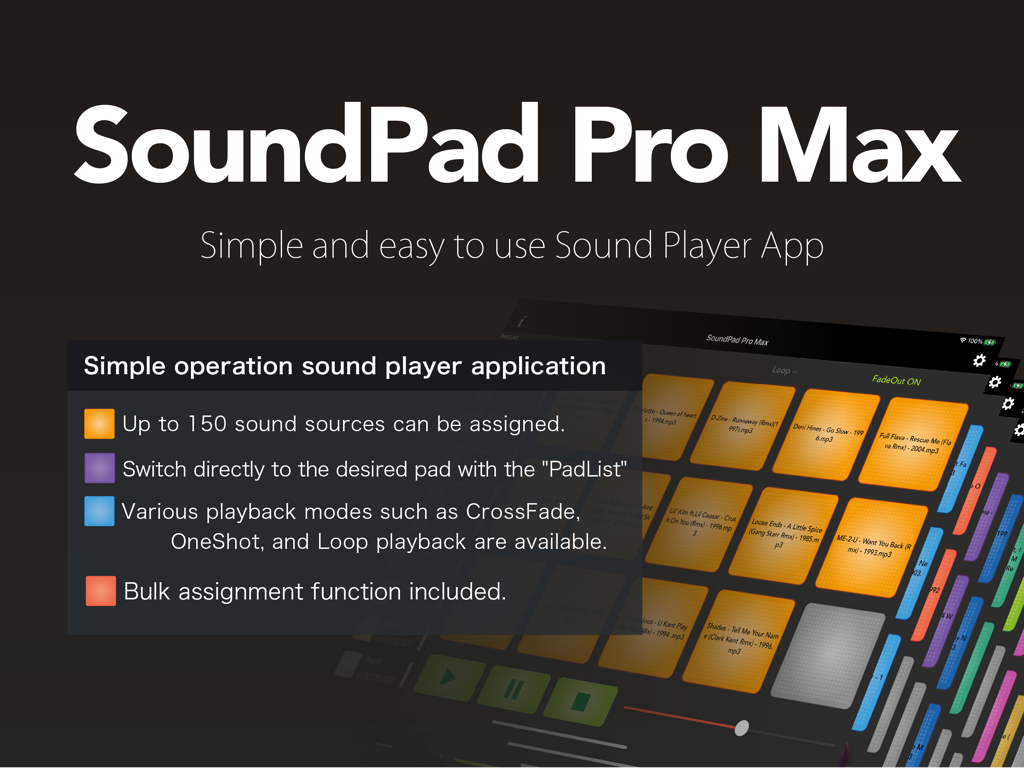Oberfläche der SoundPad Pro Max App auf dem iPad, die ein Gitter von Sound-Pads und wichtige Funktionen anzeigt