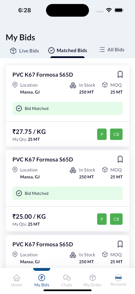 Interfaz de la aplicación BSB Polymer Trading mostrando ofertas coincidentes para anuncios de resina de PVC
