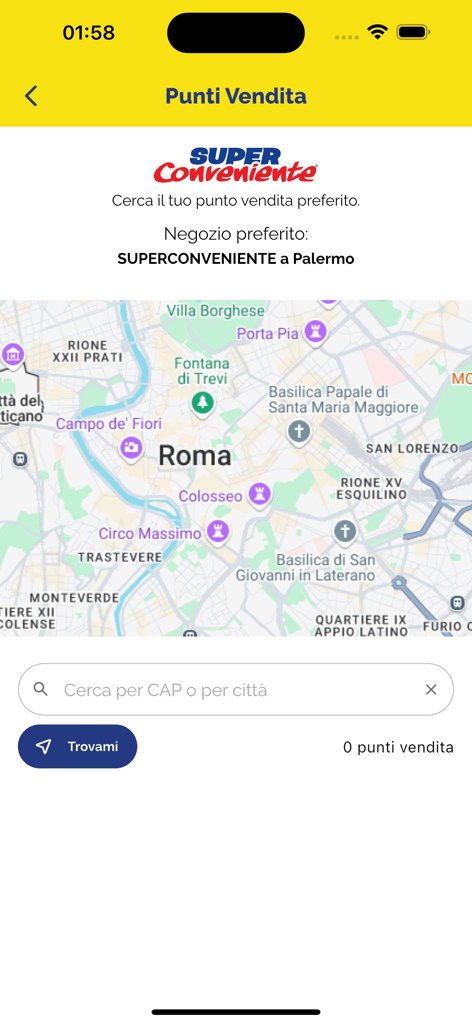 SuperConveniente Gruppo Arena - Schermata del localizzatore di negozi dell'app SuperConveniente con una mappa di Roma e una barra di ricerca per trovare negozi vicini.