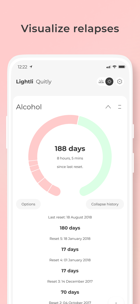 Quitly mobile app interface visualizing alcohol relapse history and sobriety days
