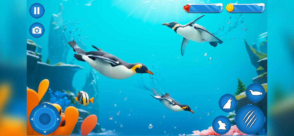 Penguin Family Simulator Game - Three penguins swimming underwater in a virtual arctic environment with game controls displayed