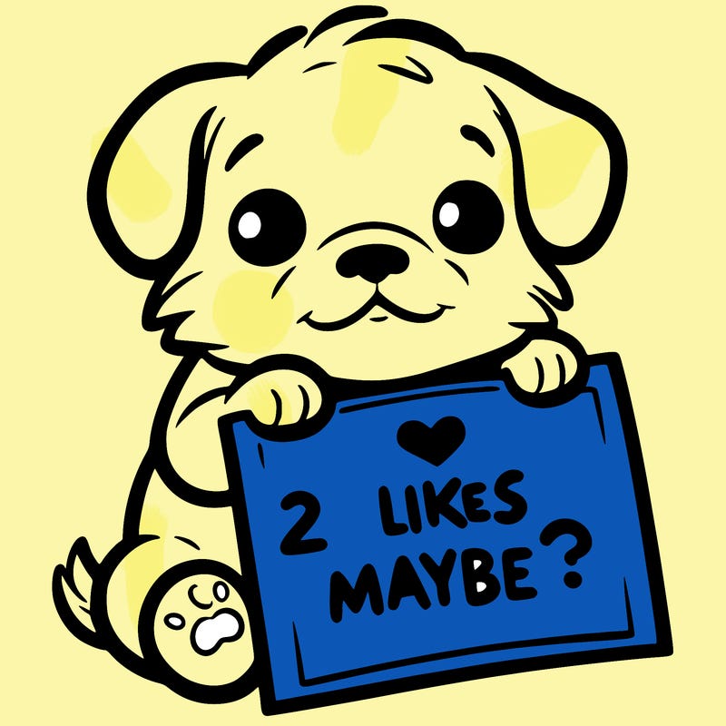 a puppy holding a sign that says 2 likes maybe?