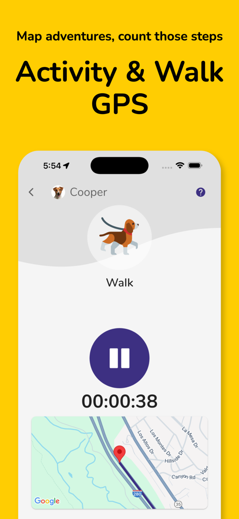 Doggy Time: Dog Training Log - Screenshot der Doggy Time App, die die GPS-Spaziergang-Tracking-Funktion mit einer Karte, einem Aktivitäts-Timer und einem Hunde-Profil anzeigt.