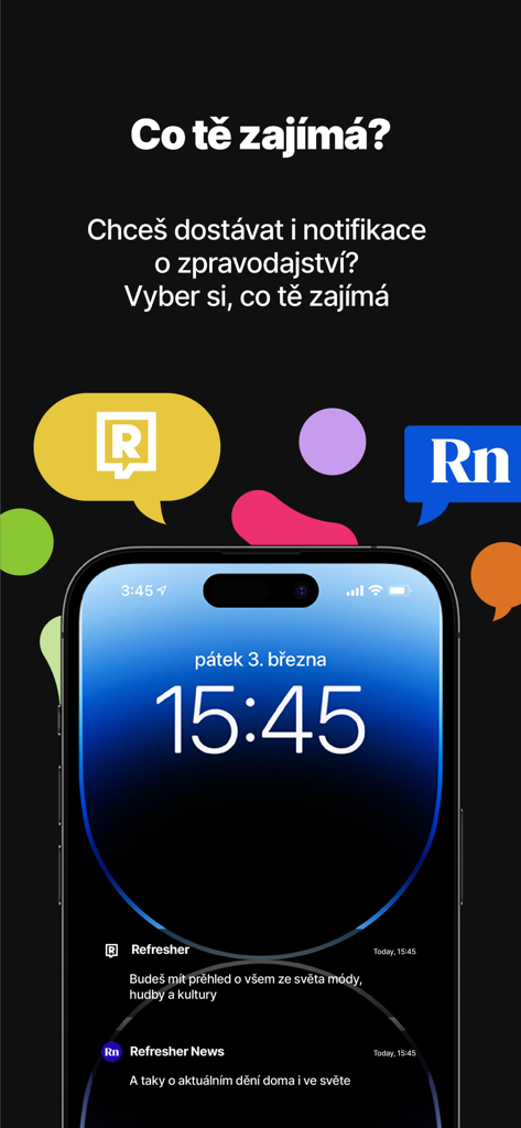 Notificações push da app Refresher Cesko num ecrã de bloqueio do iPhone mostrando alertas de moda, música e notícias