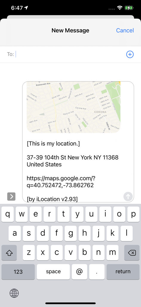 Text message sharing a map address and GPS coordinates using iLocation