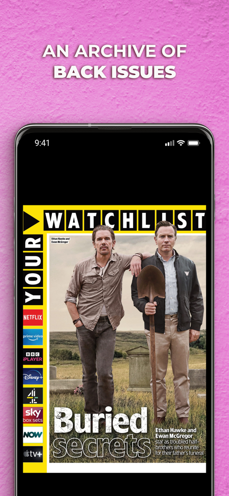 Uno smartphone che mostra la funzione archivio dell'app TV e Satellite Week Magazine con una copertina di watchlist e icone di servizi di streaming