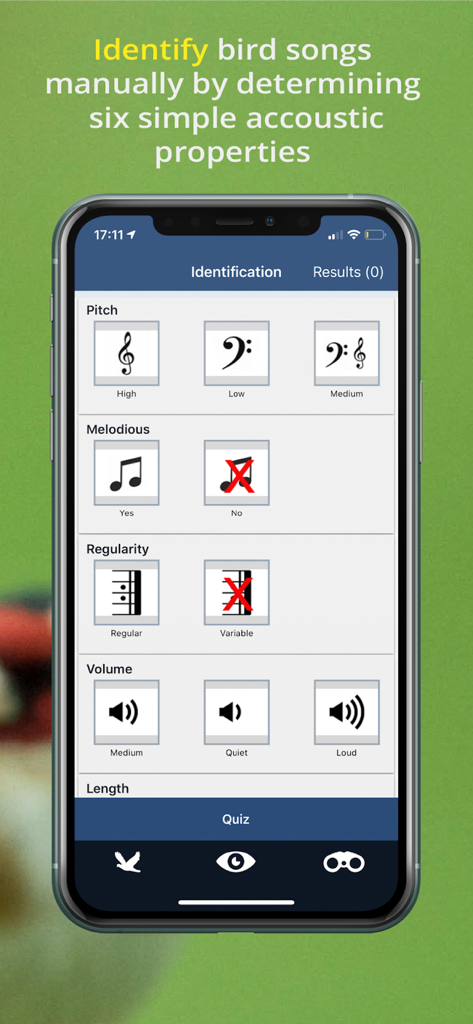 Manual bird song identification interface showing acoustic properties like pitch and volume
