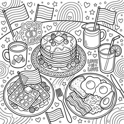 Dive into a heartwarming coloring experience with our Pride-themed Breakfast & Brunch page. This delightful scene combines fluffy pancakes, savory eggs, and symbols of love and diversity, ready for your creative touch.