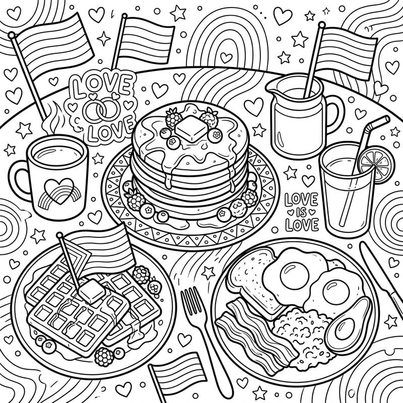 Dive into a heartwarming coloring experience with our Pride-themed Breakfast & Brunch page. This delightful scene combines fluffy pancakes, savory eggs, and symbols of love and diversity, ready for your creative touch.