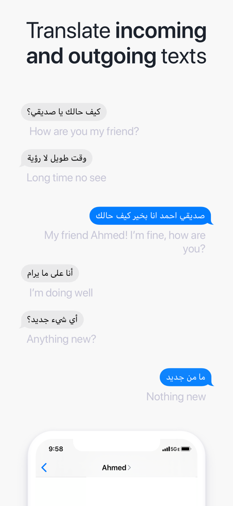 Une interface de chat montrant la traduction en temps réel des messages entrants et sortants entre l'arabe et l'anglais