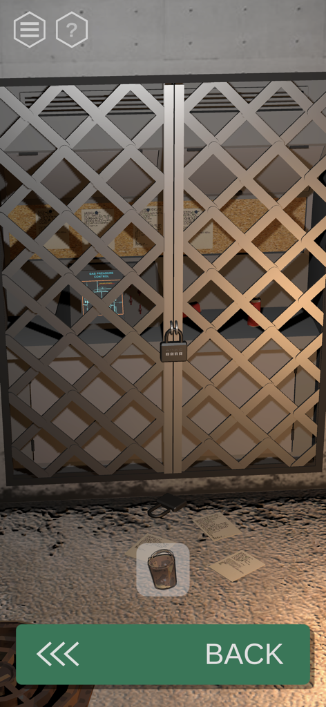 Une porte métallique verrouillée avec un cadenas à combinaison et un panneau de contrôle de pression de gaz dans une salle d'énigmes