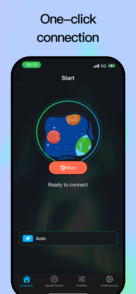 VPN - Buck Super - VPN Buck Super app home screen with a one-click connection start button and a space themed interface
