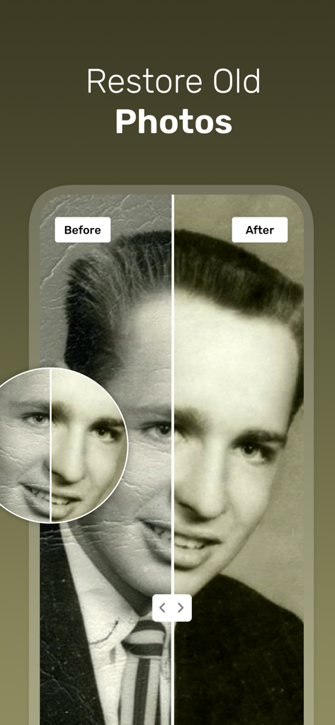 AI Enhancer -AI Photo Enhancer - A before and after side-by-side comparison of an old portrait being restored to a clear and sharp image using AI Enhancer.