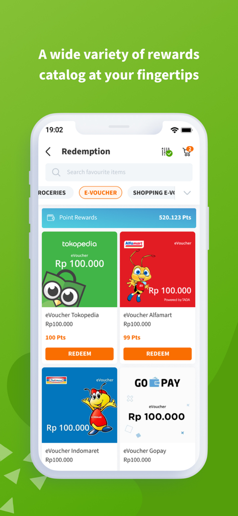 TADA - Memberships & Rewards - TADA app screen showing point rewards balance and various e-vouchers for redemption from brands like Tokopedia and Alfamart