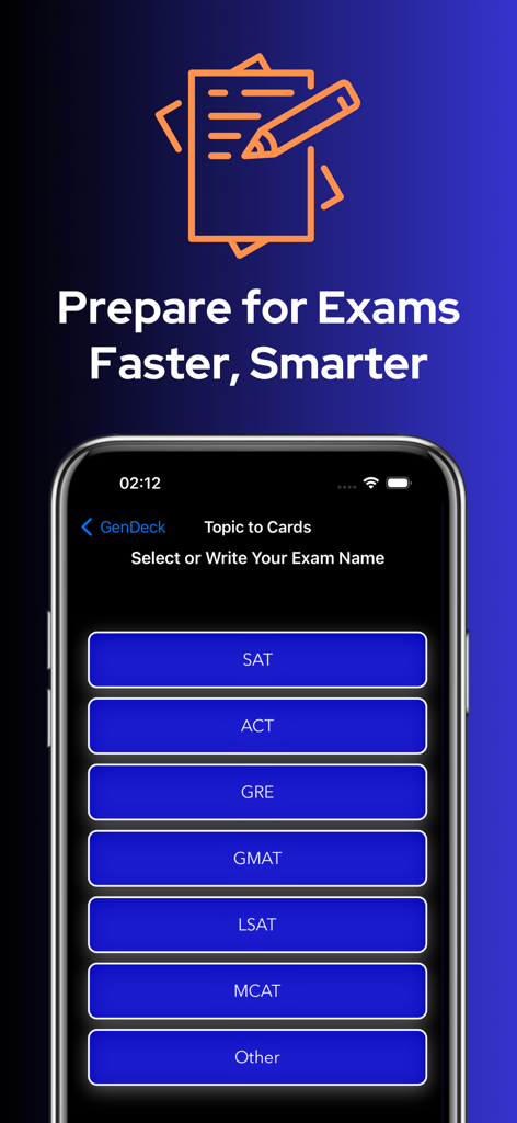 Recollio: AI Flash Cards Maker - Smartphone screen showing the Recollio app interface for selecting standardized exams like SAT and MCAT to create AI flashcards