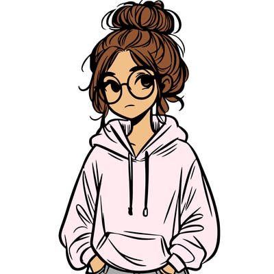 teen girl with a messy bun and glasses wearing a loose hoodie and jeans
