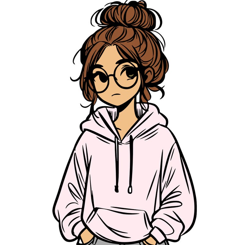 teen girl with a messy bun and glasses wearing a loose hoodie and jeans