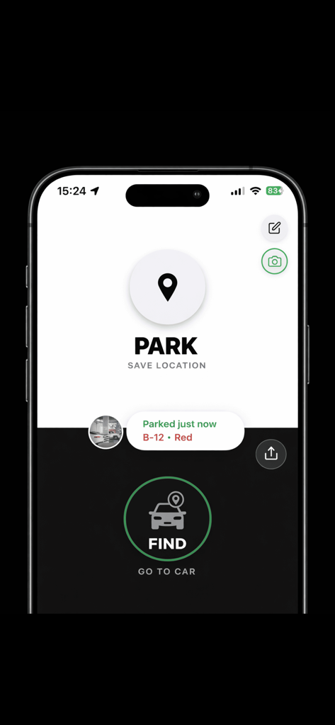 내 차 찾기 앱의 메인 화면은 주차 위치를 저장하고 차를 찾는 옵션을 보여줍니다.
