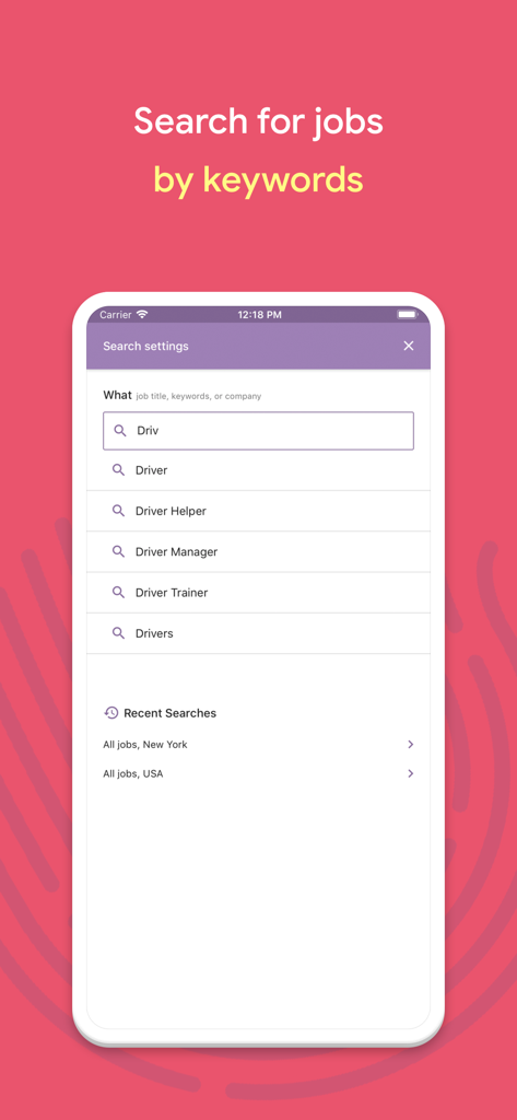Interfaccia dell'app Jobsora che mostra una ricerca per parole chiave per posizioni di autista con ricerche recenti per New York e USA.